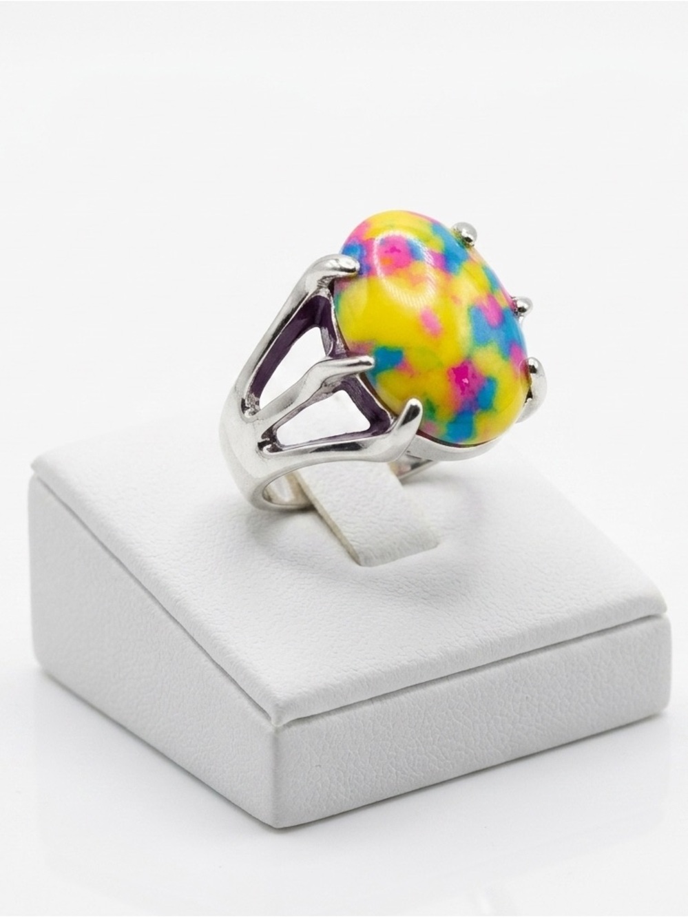 New Artisan Yellow Pink Blue Mosaic Jasper Stainless Steel Dragon Claw Ring